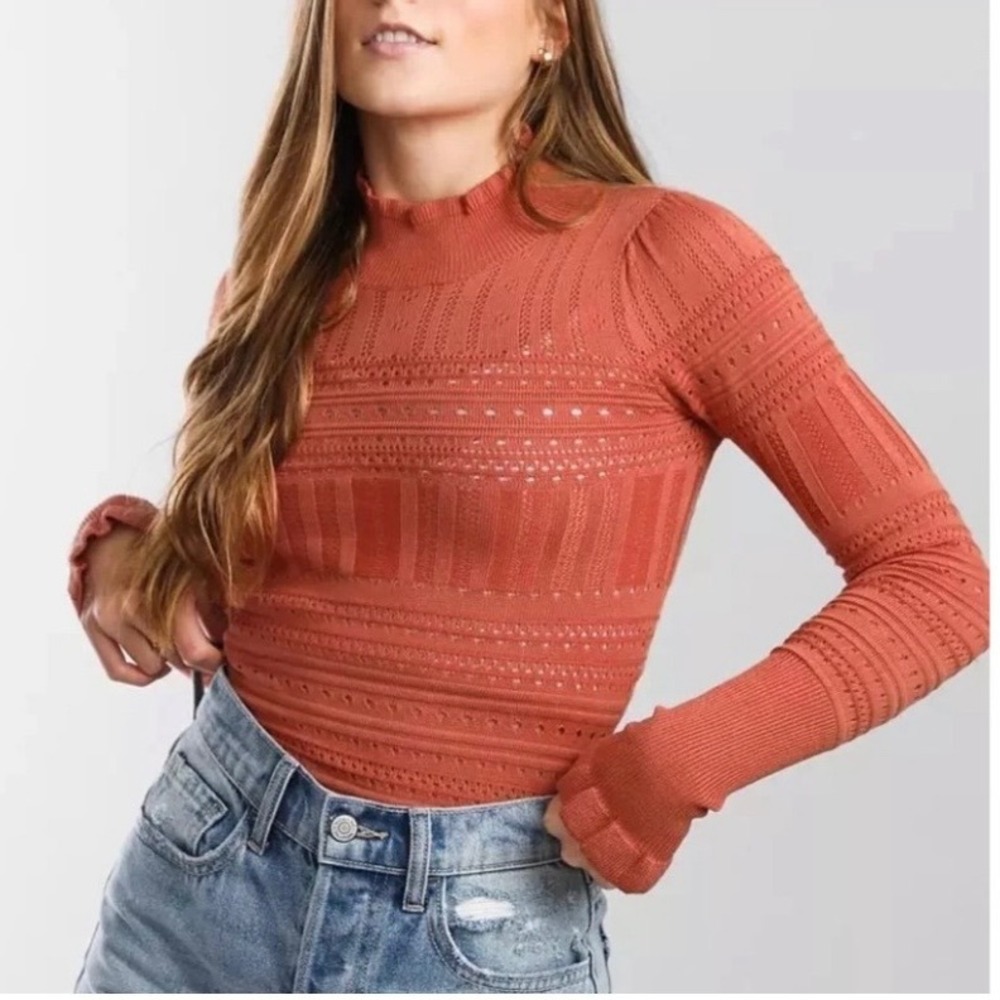 Free People Size Small Pointelle Me About It Bodysuit Orange Mock Neck Ruffle